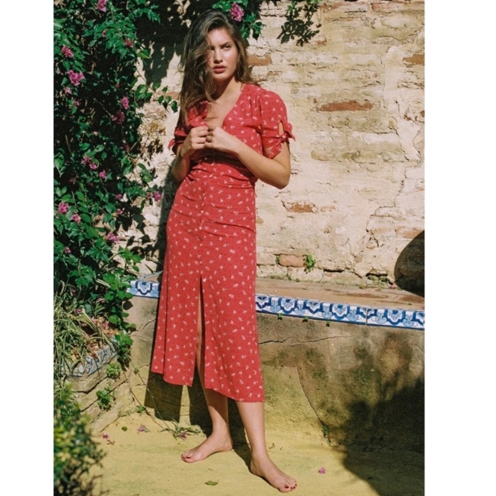 ROUJE Red White Black Floral Printed Button Down V Neck Laura Midi Dress 36, 2/4